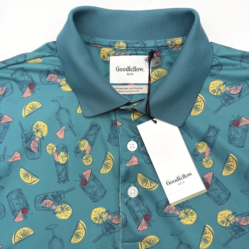 Goodfellow & Co Polo Shirt Mens M Teal Cocktail Print Standard Fit Performance